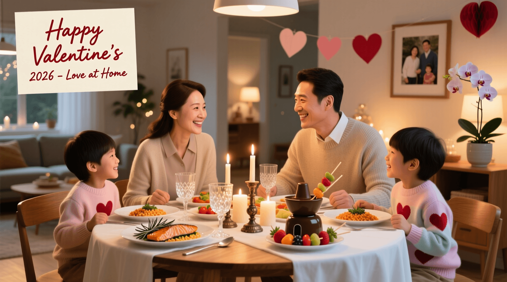 Dining table with a full plate of honey garlic shrimp, rice, and steamed green beans, with happy family eating in background