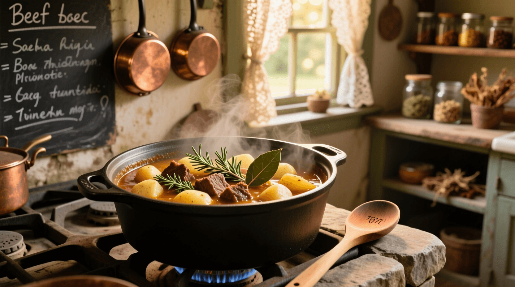 Cozy kitchen scene with a steaming pot of beef stew on a wooden table