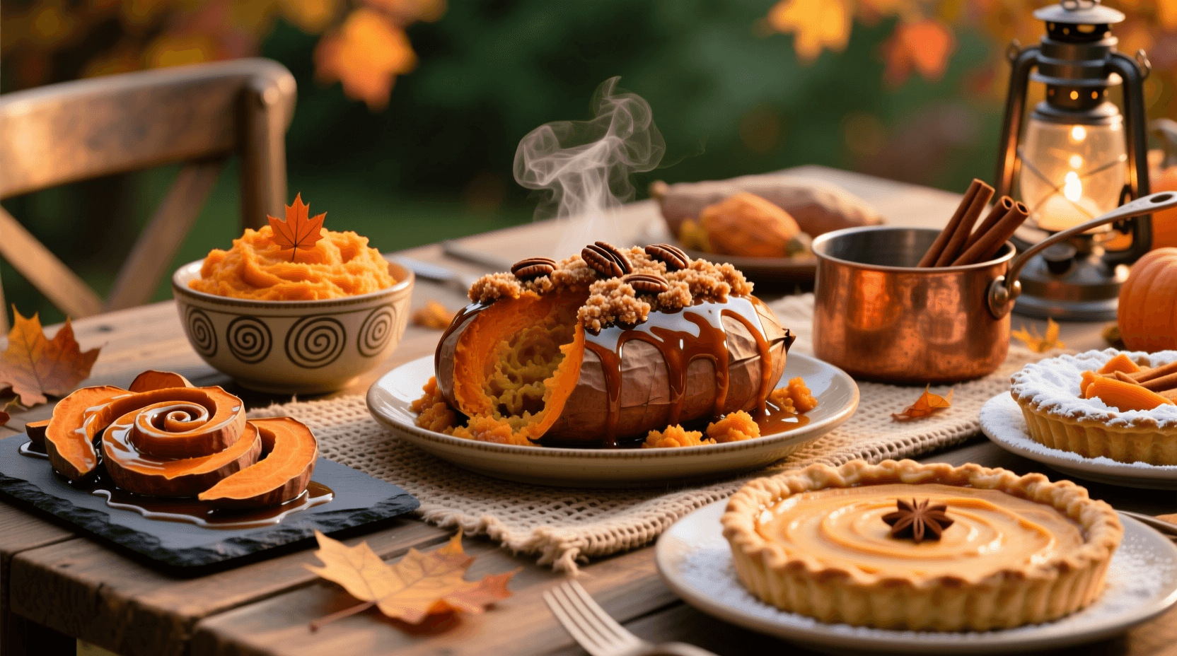 A beautifully set dinner table featuring a bowl of brown butter sweet potato mash surrounded by other festive dishes.