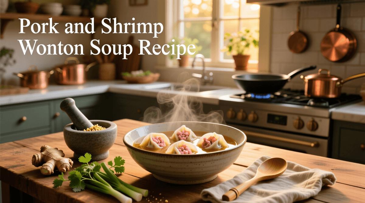 Busy kitchen scene, person quickly cooking shrimp, warm lighting, focused hands preparing ingredients.