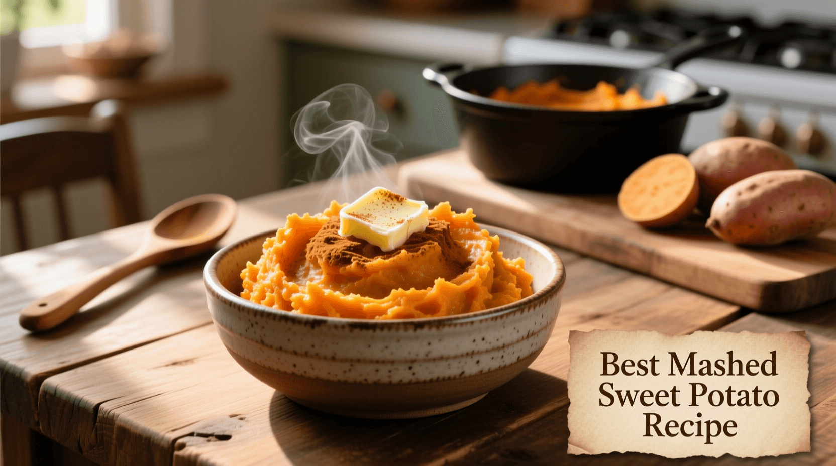 Hands mashing roasted sweet potatoes in a large bowl, steam gently rising.