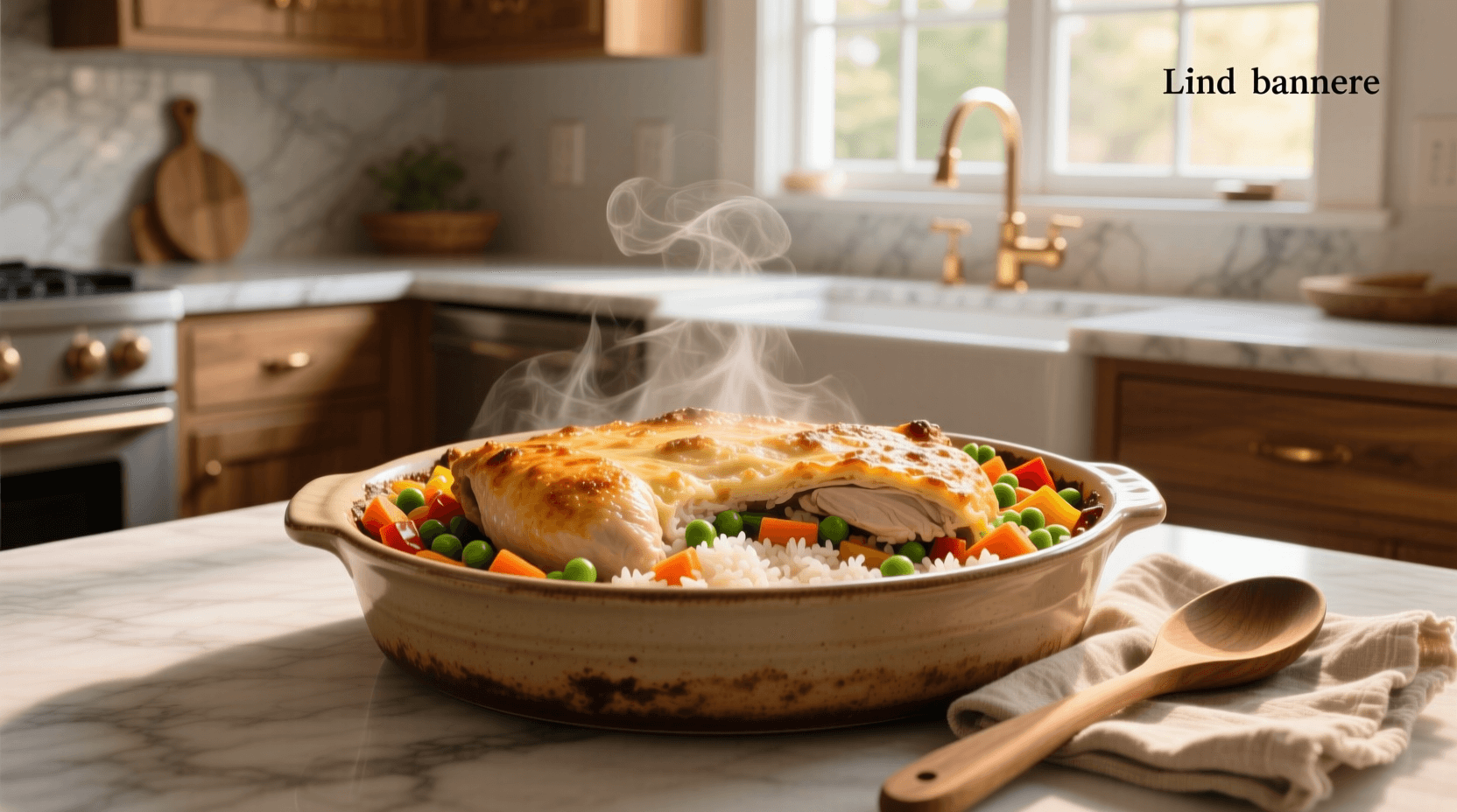 cozy kitchen scene with steam rising from a baking dish of chicken and rice