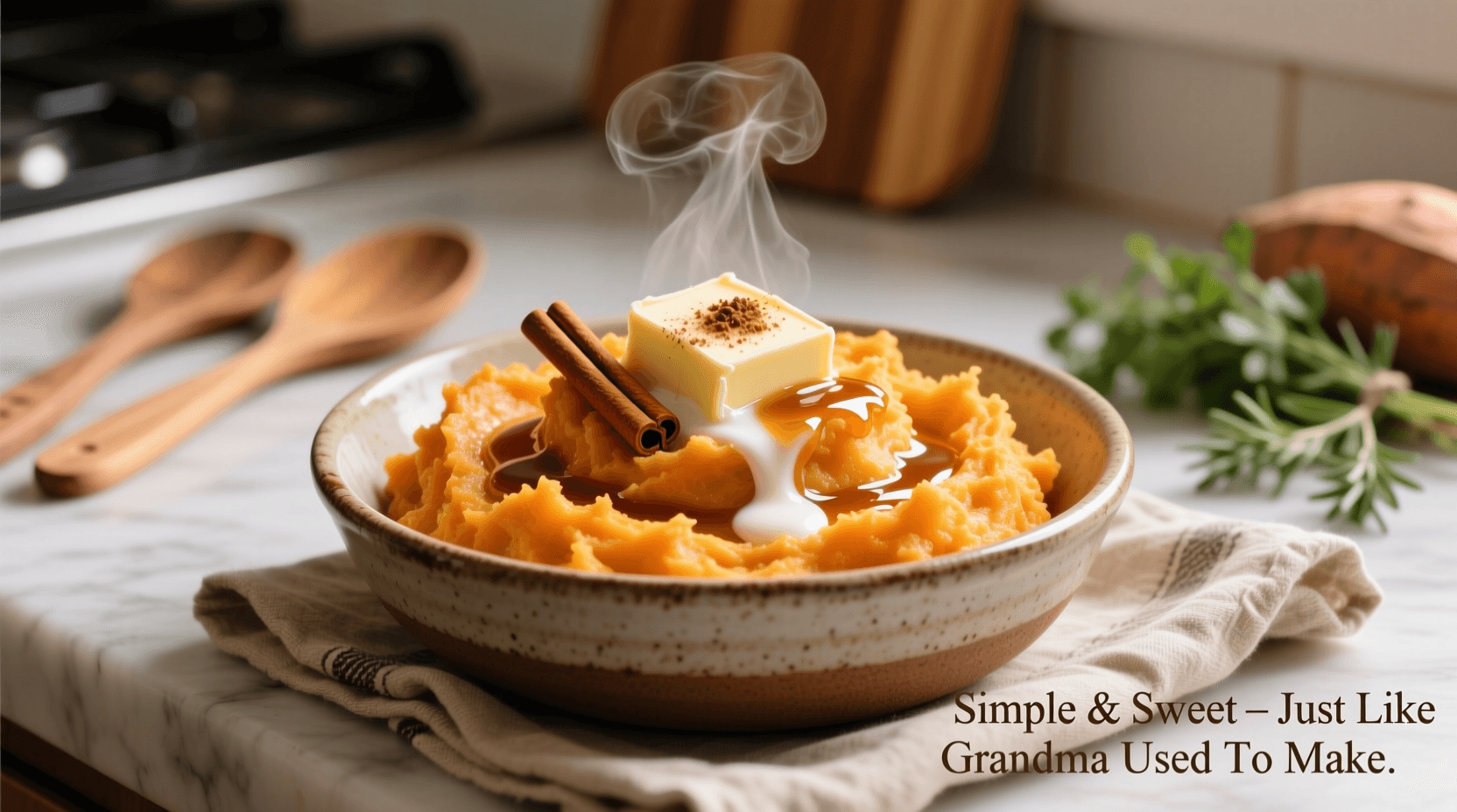 Rustic serving bowl of fluffy sweet potato mash, steam rising gently