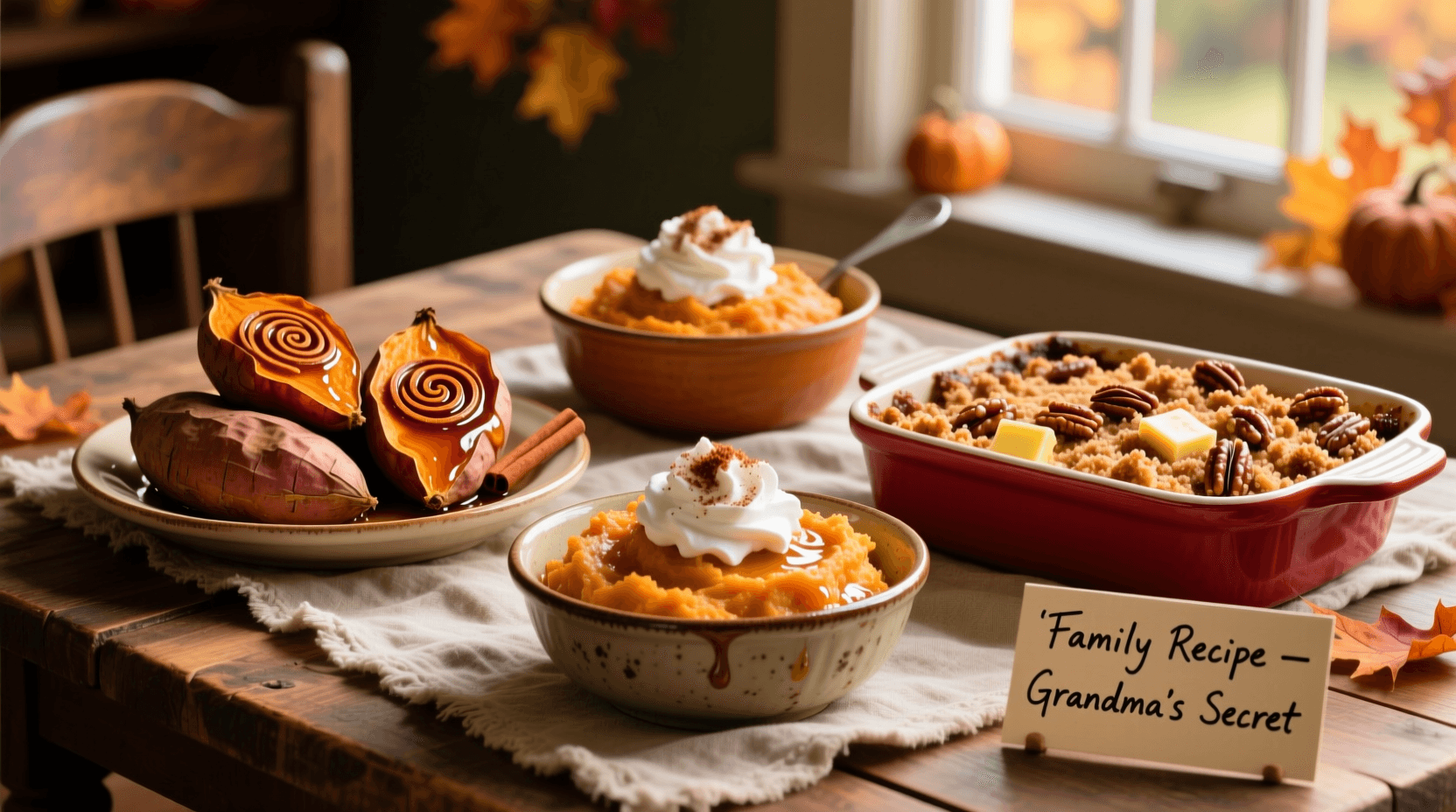 cozy Thanksgiving table setting with a sweet potato casserole as the centerpiece, blurred background, warm glow