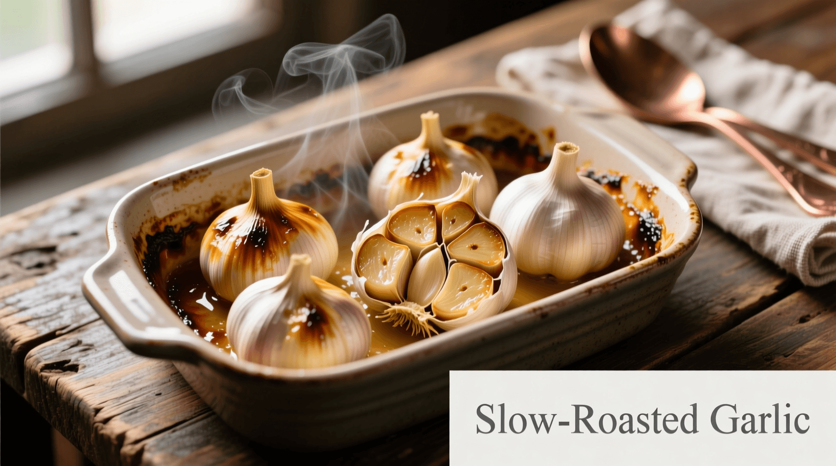 Roasting garlic cloves in olive oil on a baking sheet, golden brown and fragrant, with a focus on the sweet caramelization