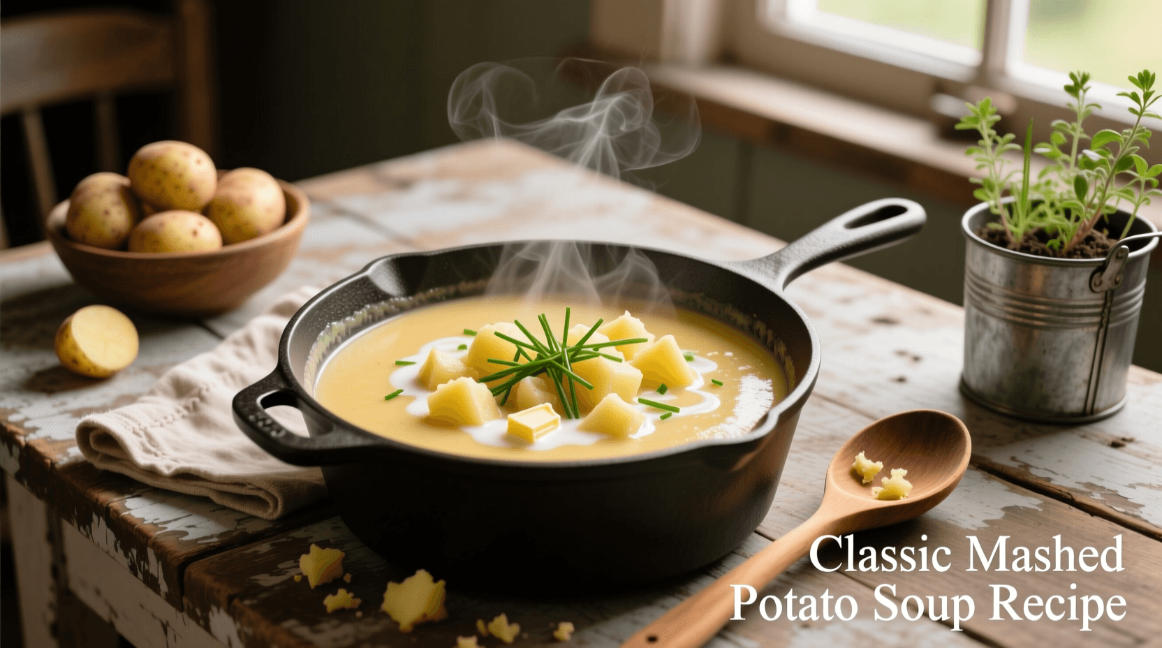 Hands stirring a large pot of creamy potato soup, rich with green fresh herbs, steam rising, cozy kitchen ambiance