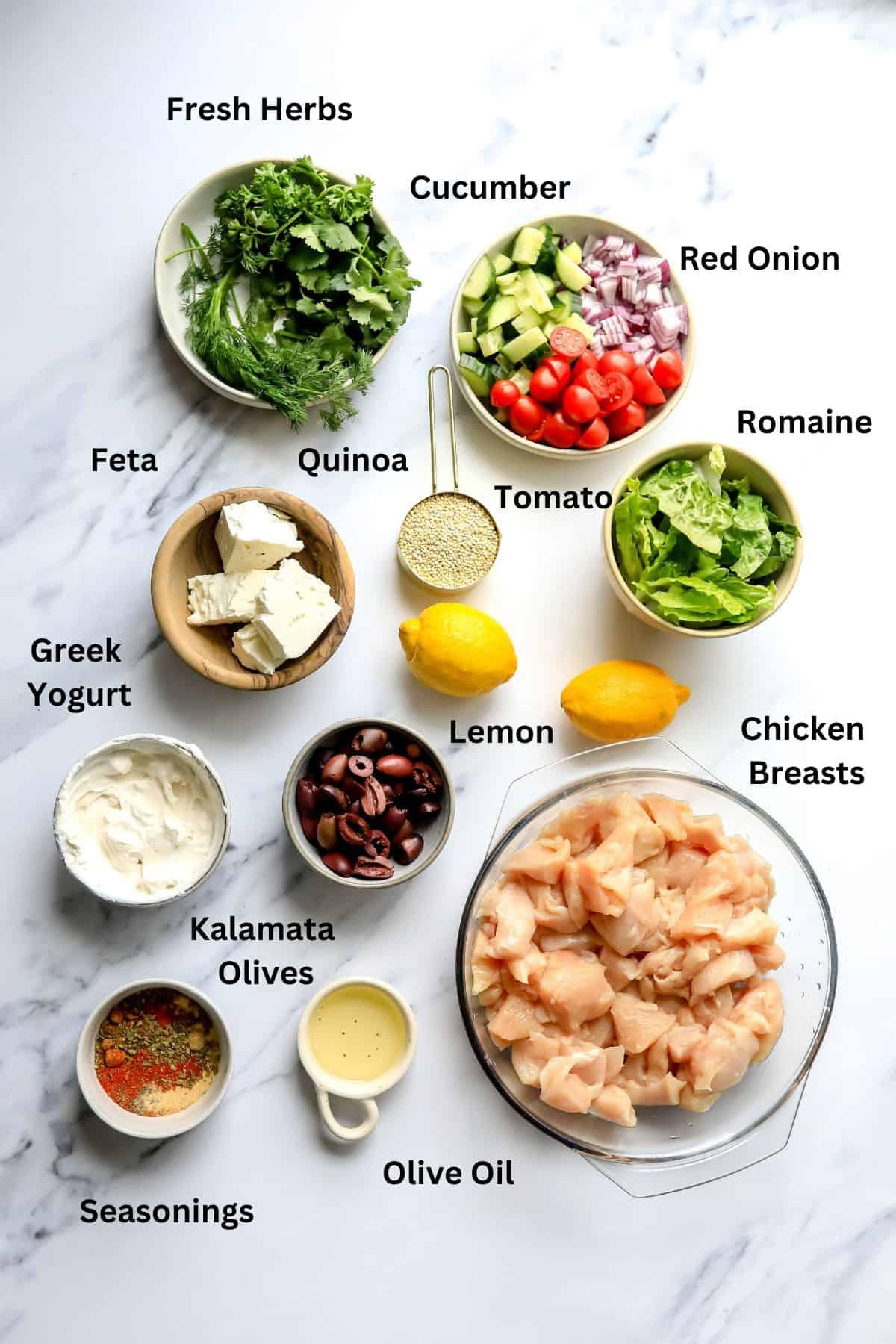 overhead shot of ingredients for chicken gyro bowls
