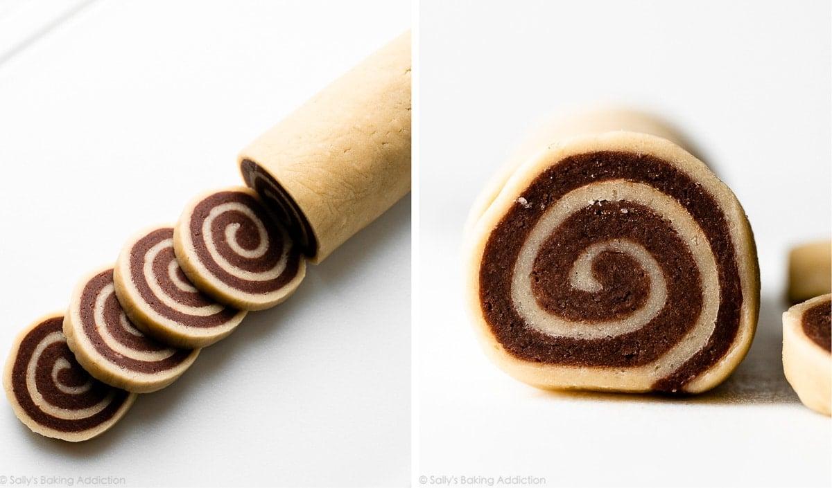 Close-up of a log of pinwheel cookie dough being sliced with a sharp knife, revealing perfect cinnamon swirls