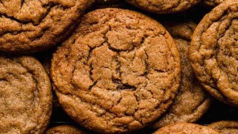 close-up shot of a person taking a bite of a ginger snap cookie, showcasing its soft texture