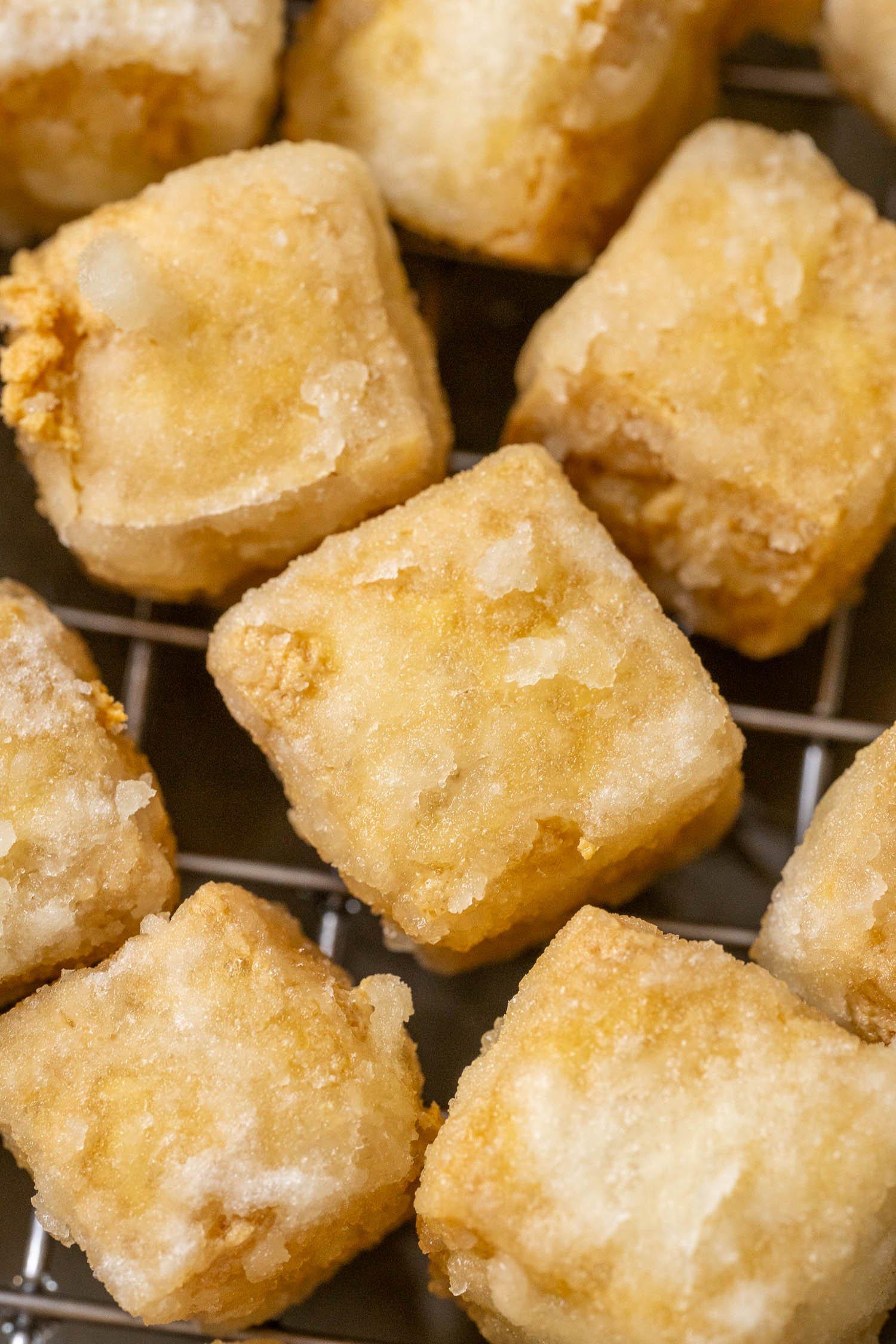 close up shot of crispy tofu cubes