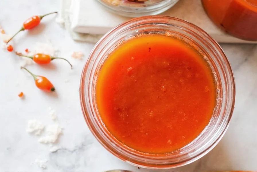 Ingredients for chili glaze being whisked in a glass bowl, bright natural light