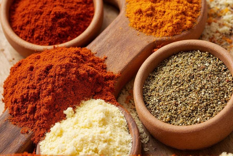 Assortment of vibrant, high-quality spices in small bowls, including chili powder, cumin, oregano, smoked paprika, cocoa powder