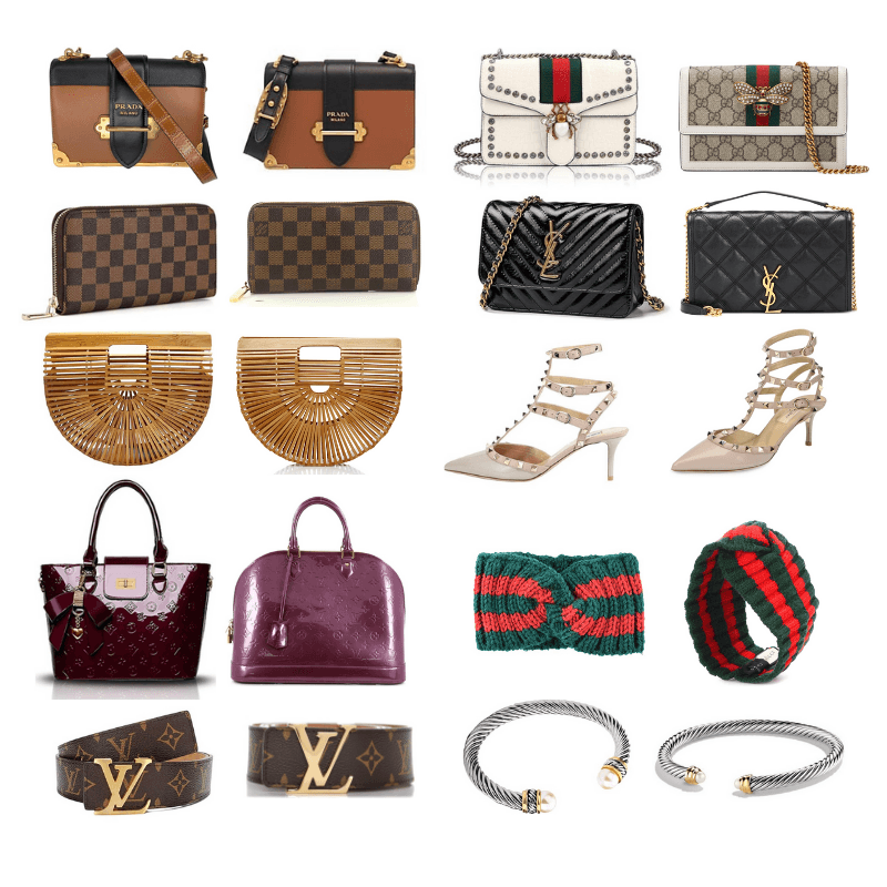 close-up of various designer dupes: handbags, shoes, sunglasses, and jewelry
