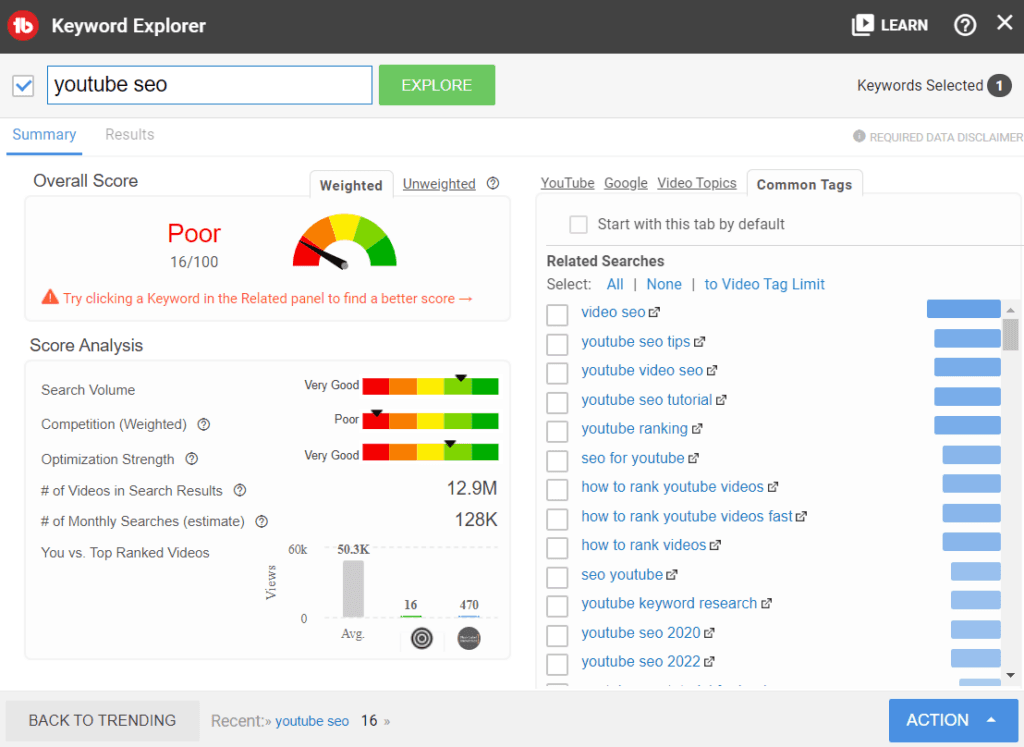 tubebuddy interface showing keyword research tools