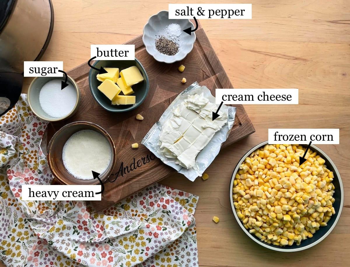 Ingredients for sweet corn casserole laid out on a kitchen counter