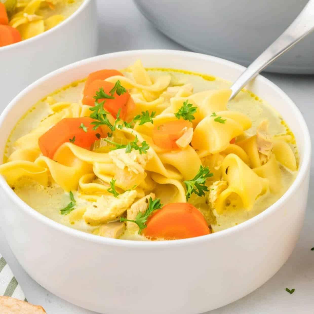bowl of homemade chicken noodle soup with a spoon
