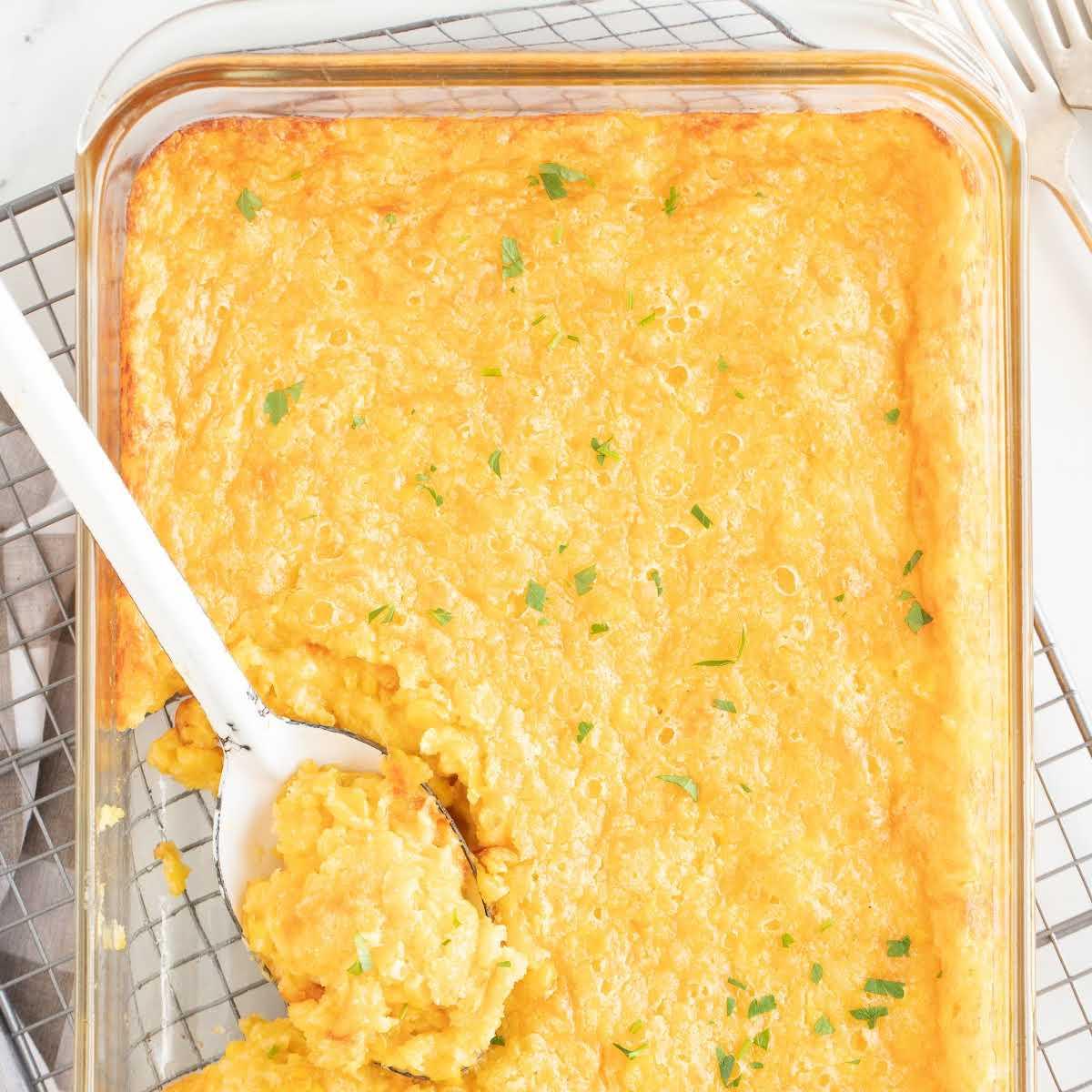 Overhead shot of Southern corn casserole in a baking dish, ready to serve