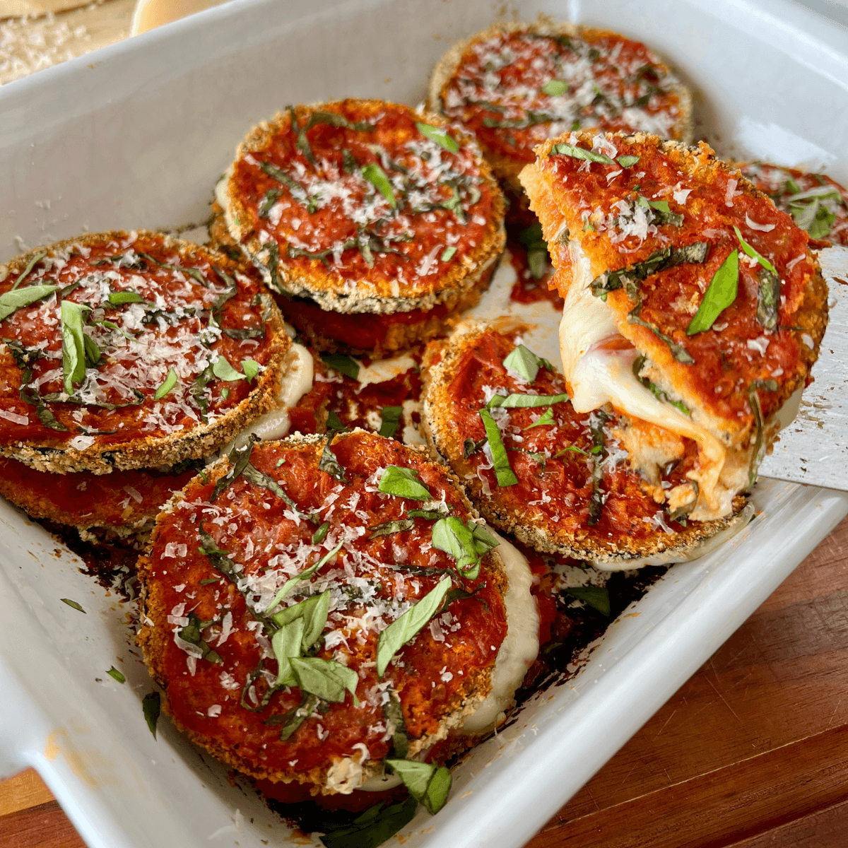close-up of grilled eggplant parmesan stacks showing layers