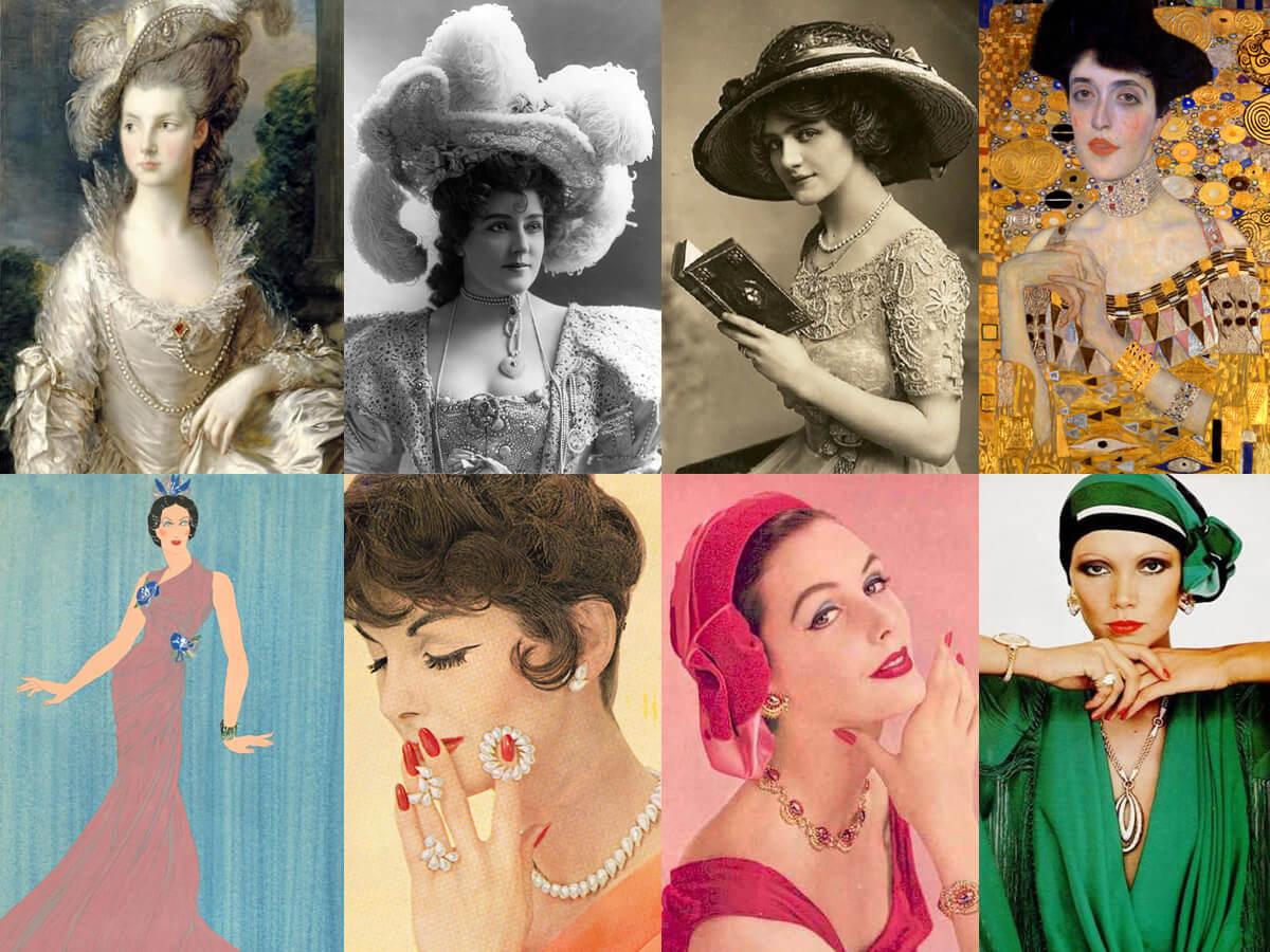 collage of antique earrings from different eras