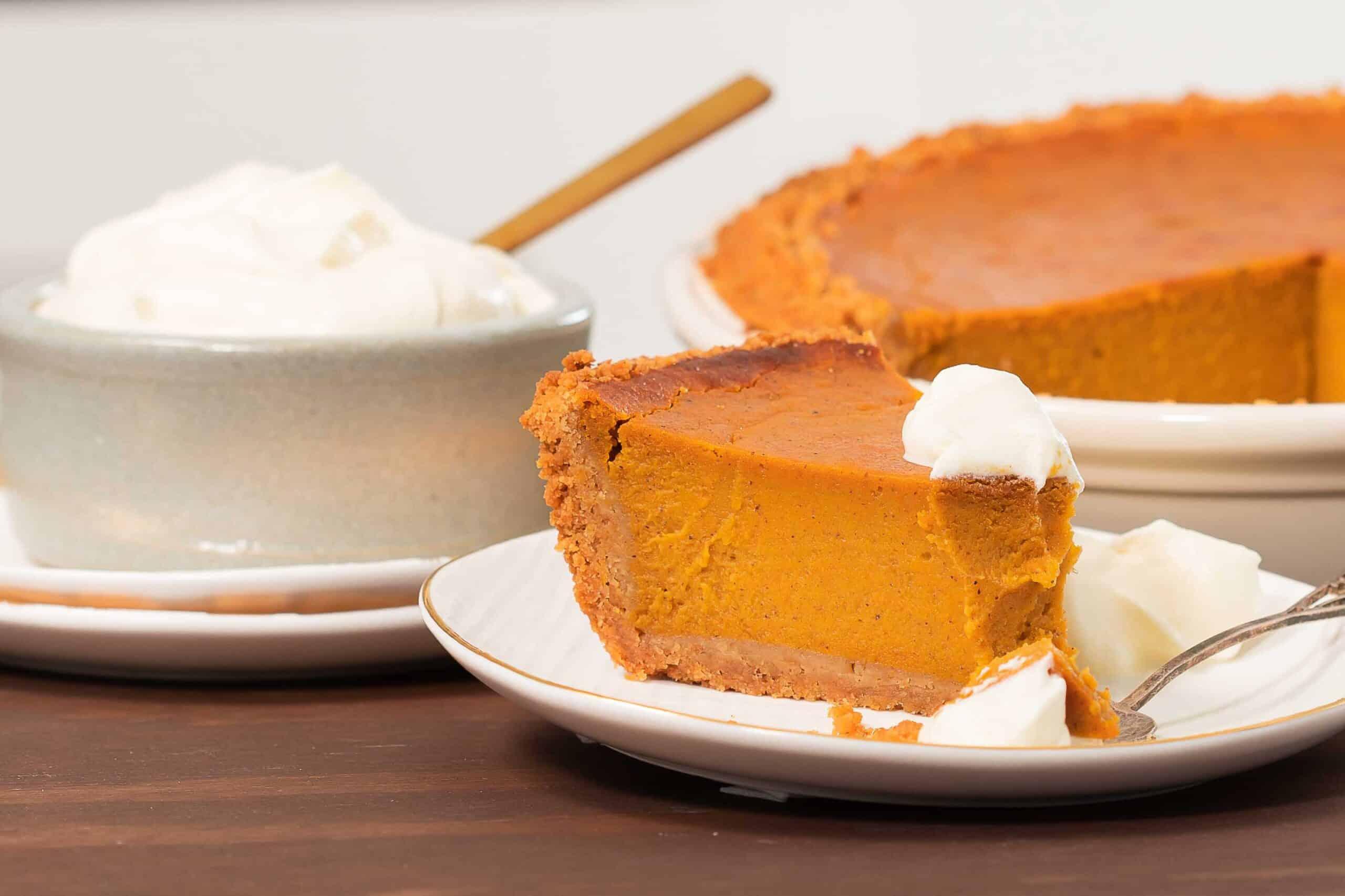 a golden-brown spiced pumpkin pie, freshly baked and cooling on a wire rack, with steam gently rising