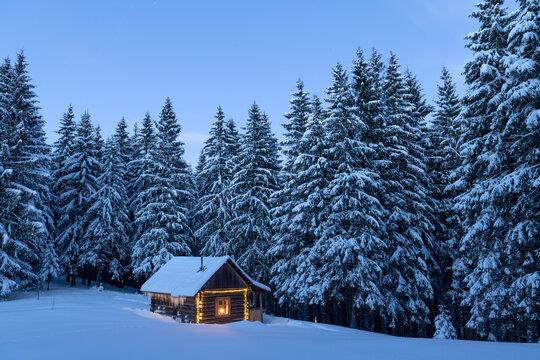 snow covered landscape with a cozy cabin