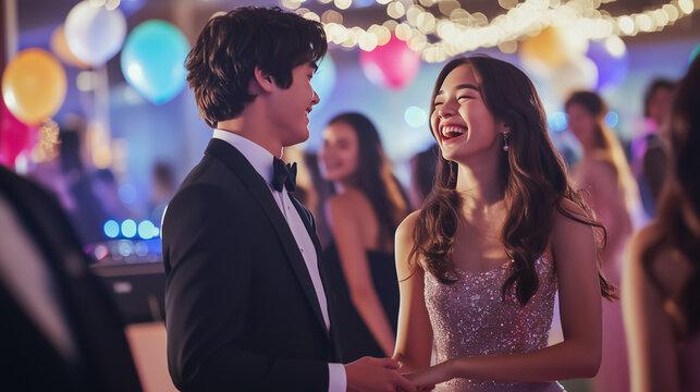 prom couple laughing and dancing