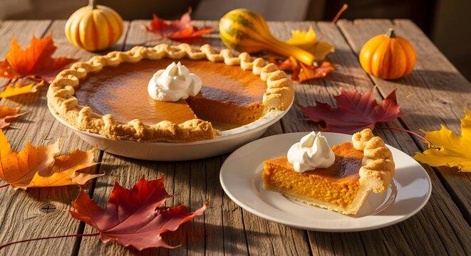 Slice of creamy vanilla pumpkin pie on a rustic wooden table with autumn decor