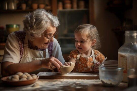 Child helping grandmother bake cookies, nostalgic kitchen scene with warm light