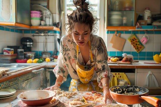 A candid shot of a host looking stressed in a messy kitchen before a party, surrounded by ingredients and cookbooks