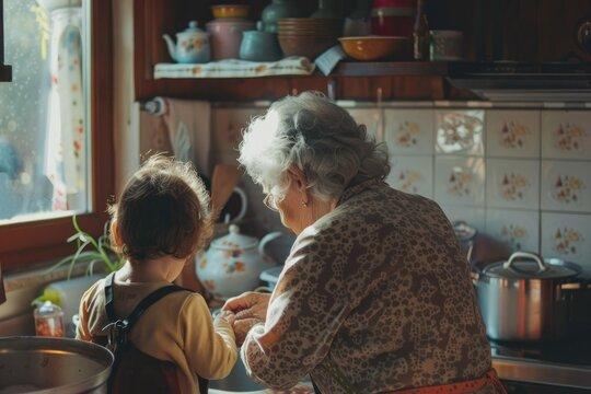 vintage kitchen with grandmother making caramels, warm lighting