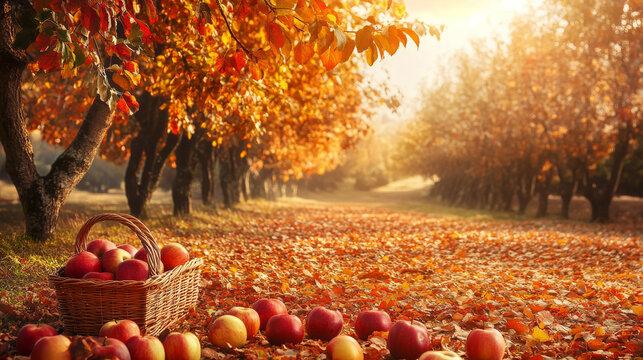 Autumn apple orchard with baskets of freshly picked apples, warm sunlight.