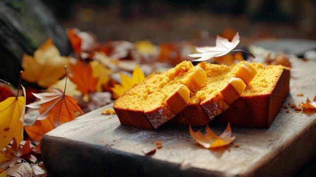 overhead shot of pumpkin bread slices on a wooden board with fall leaves