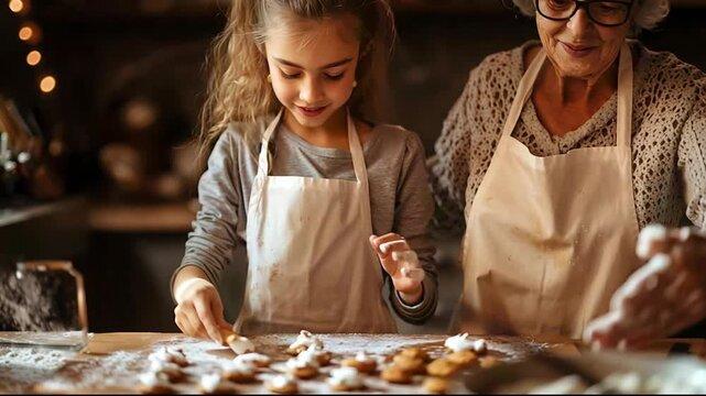 Grandmother baking cookies with her granddaughter