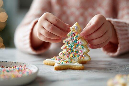Close-up of a child's joyful face holding a sugar cookie with frosting swirls