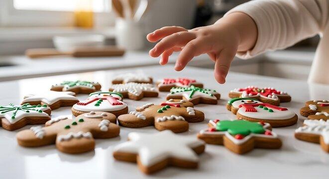 Childhood photo of hands decorating cookies, slightly blurred, with a nostalgic feel