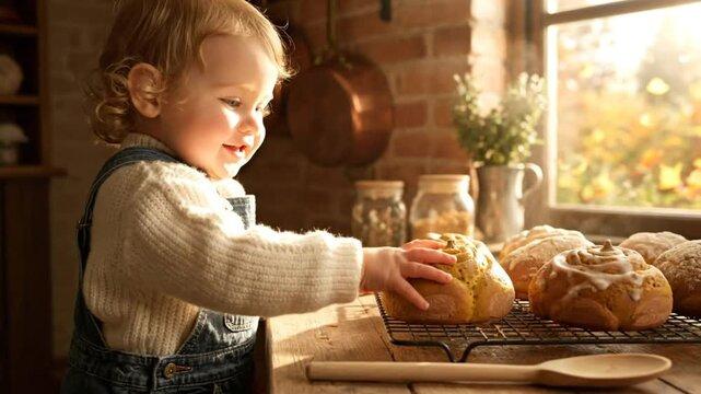 Child's hand reaching for a slice of chocolate loaf on a cooling rack, blurred background of festive kitchen
