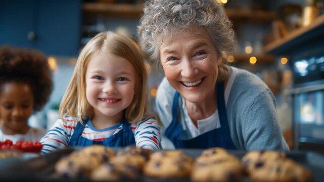 Vintage scene of a grandma and grandchild baking chocolate cookies in a warm, festive kitchen