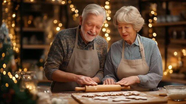vintage-style kitchen with grandma baking gingerbread cookies, warm lighting, happy atmosphere
