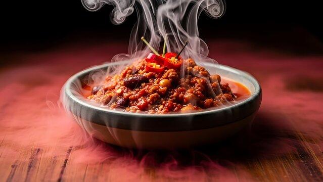 Steaming bowl of rich deep-red chili with toppings on a rustic wooden table