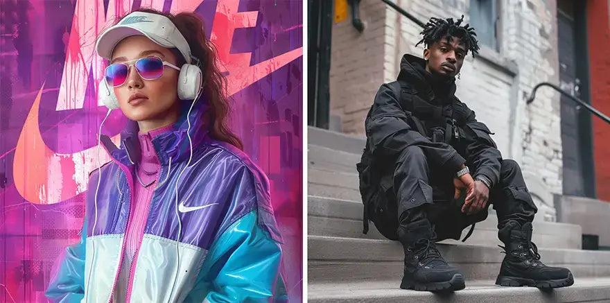 A model wearing a stylish combination of streetwear and techwear clothing