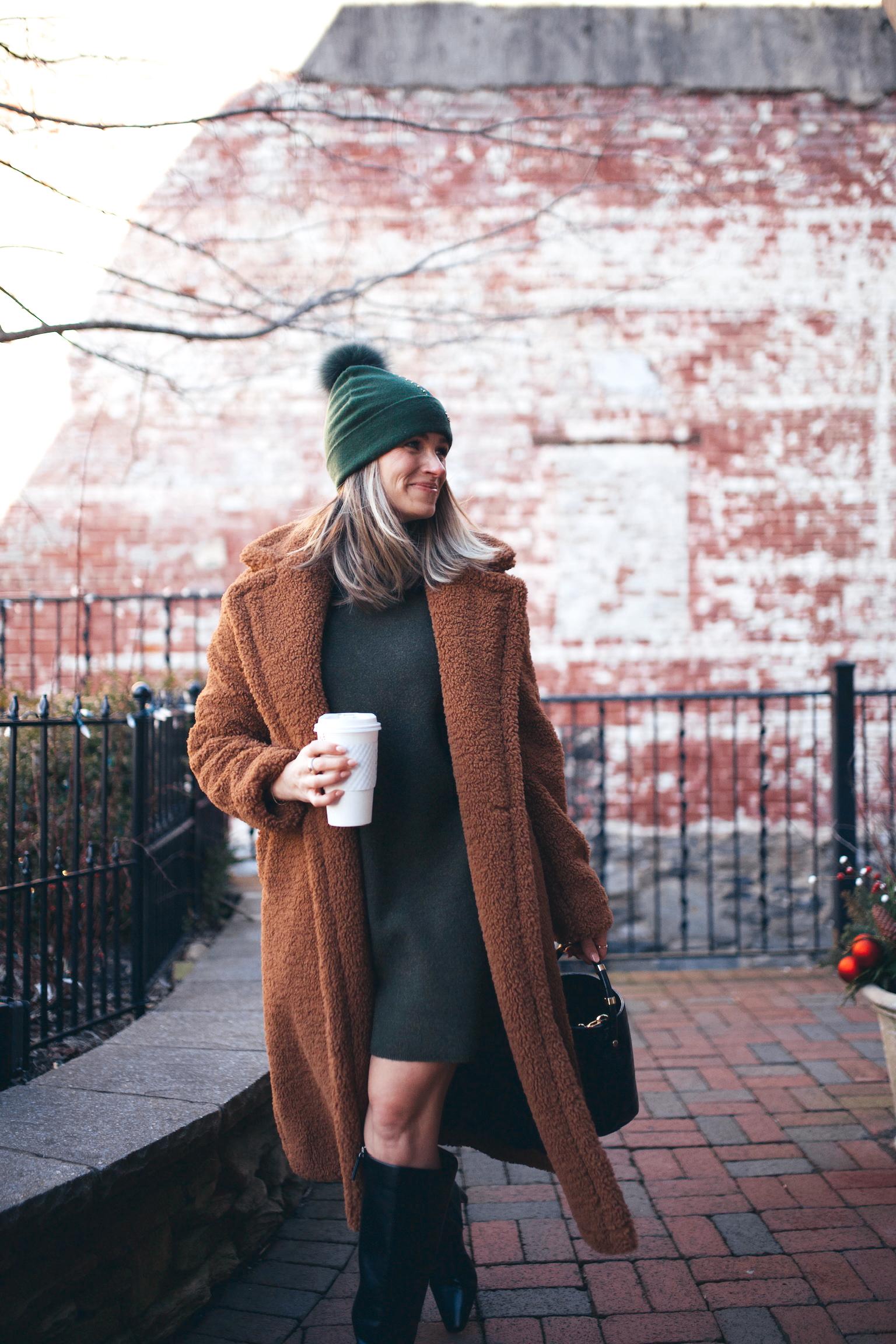various stylish outfits featuring different winter coats