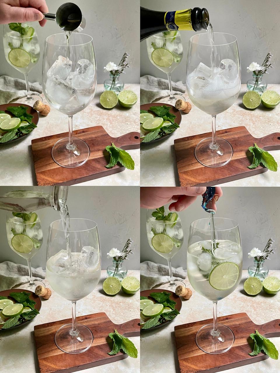 Ingredients for Hugo Lavender Spritz laid out on a table