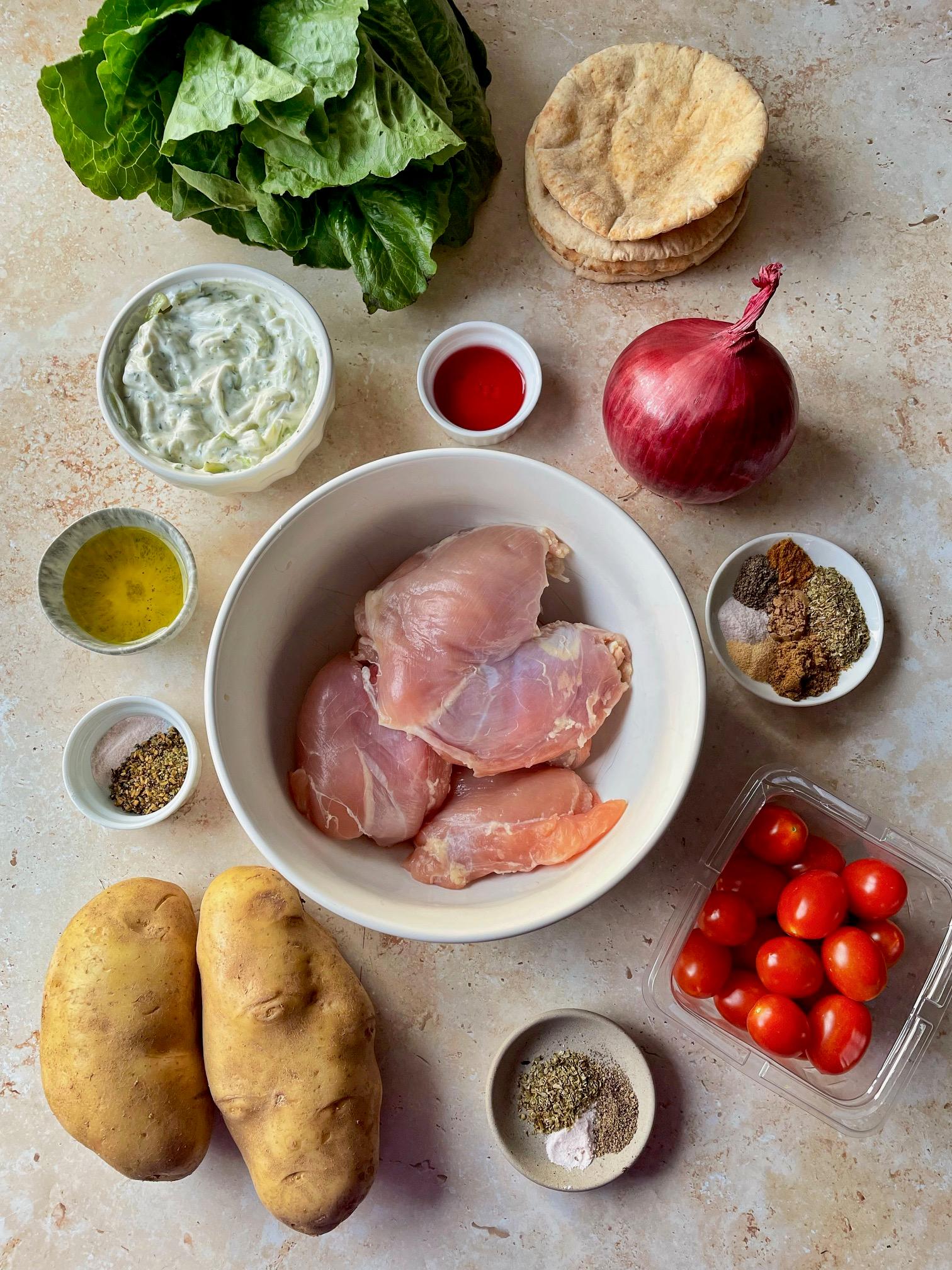 step by step images of preparing chicken gyro bowl components