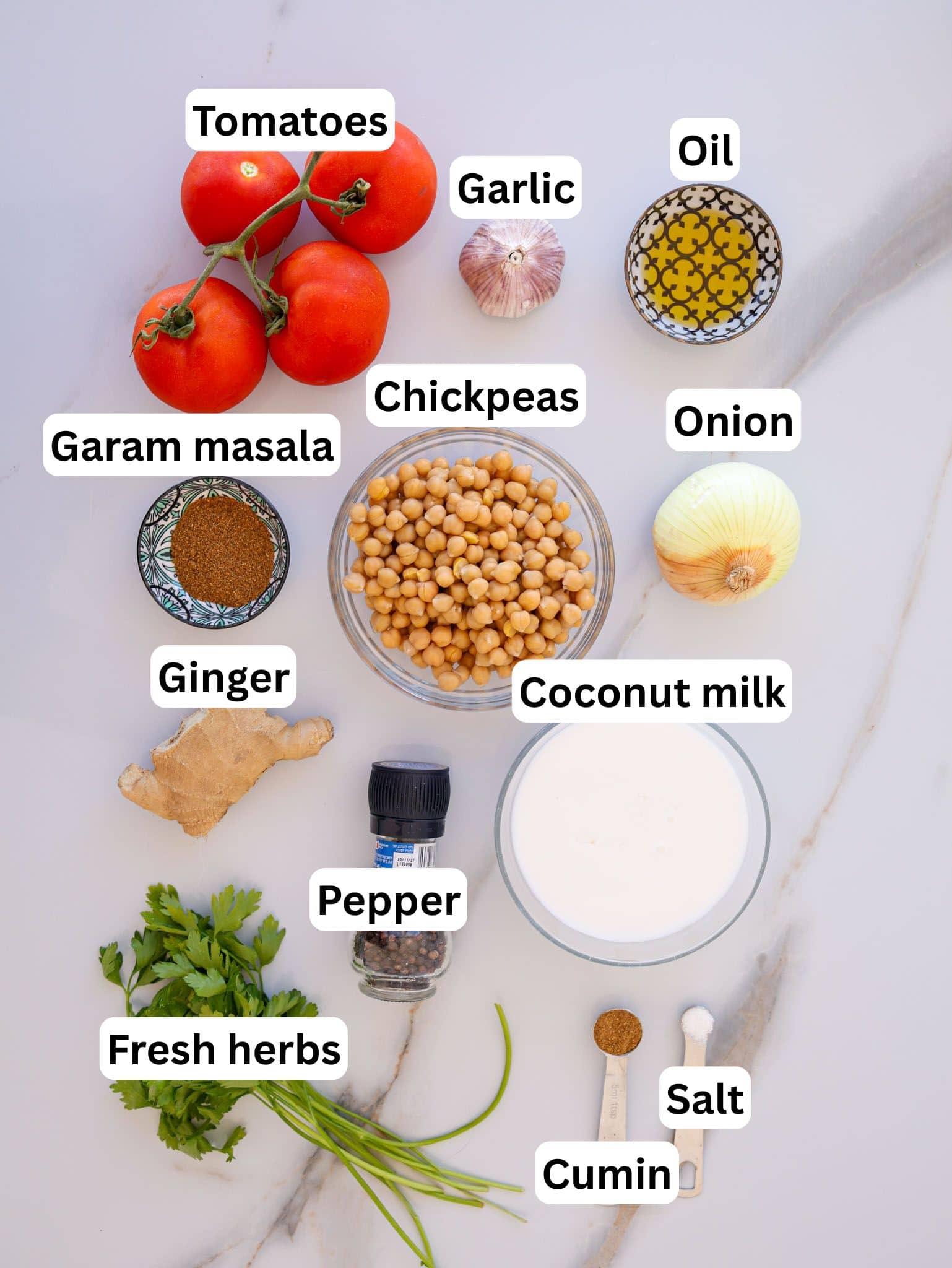 spices and fresh ingredients for chickpea curry