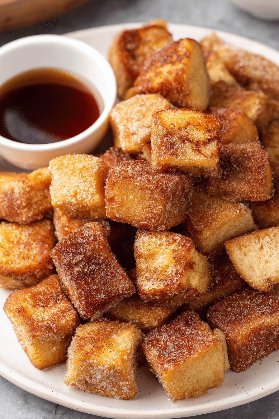 fluffy cinnamon roll French toast bites in a bowl with powdered sugar