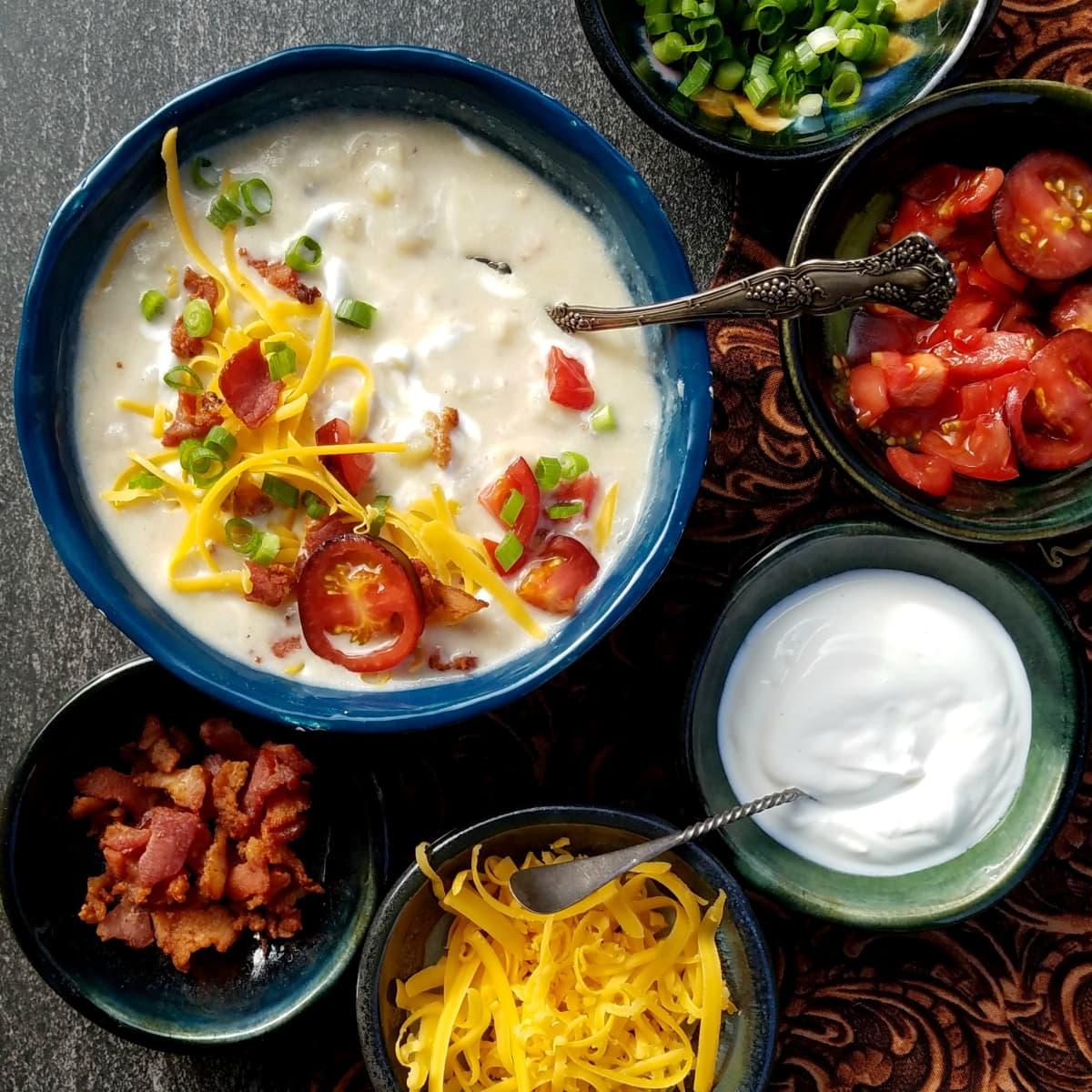 overhead shot of ingredients for loaded baked potato soup