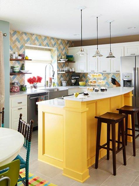 bright yellow kitchen island in a neutral kitchen