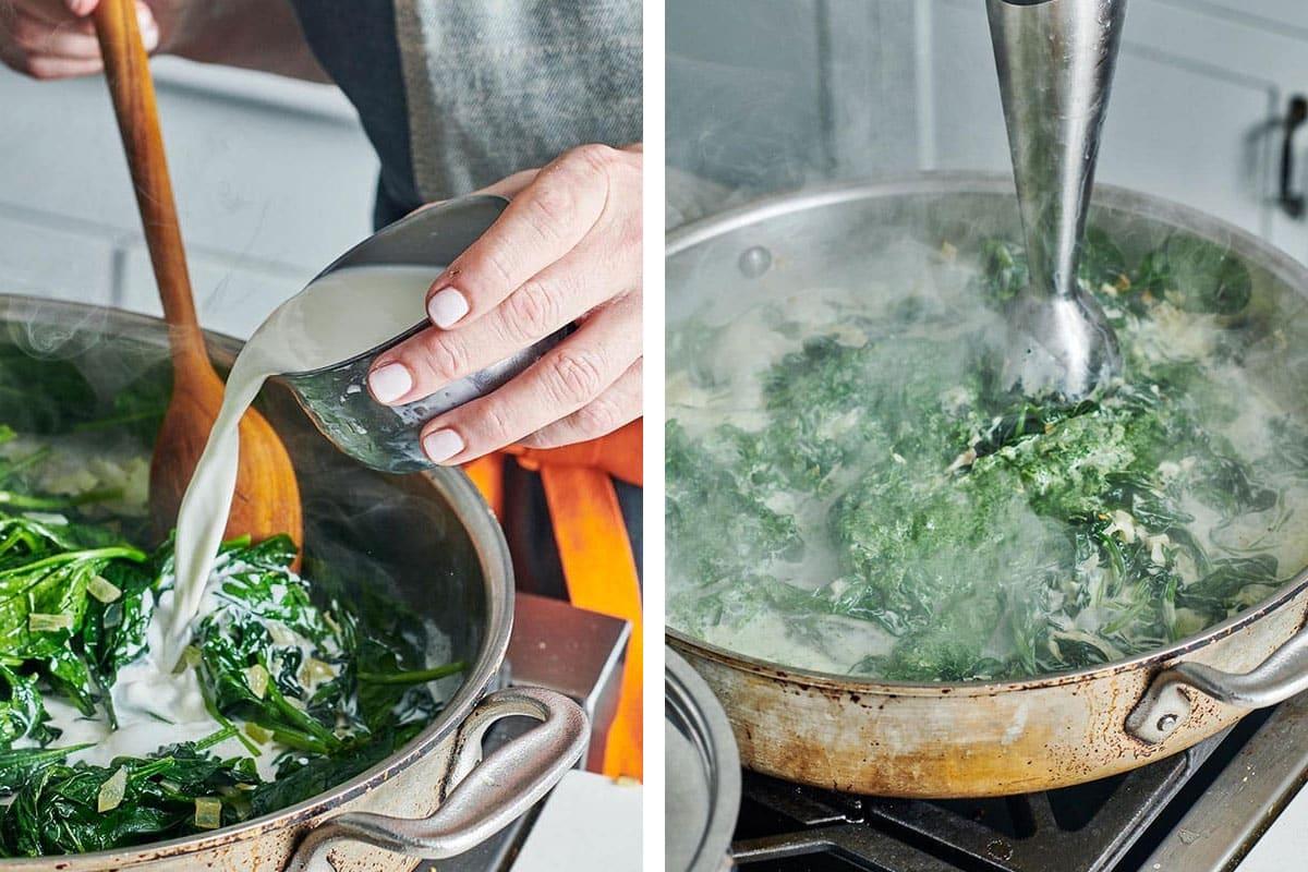 hands stirring creamed spinach in a large pan on a stovetop