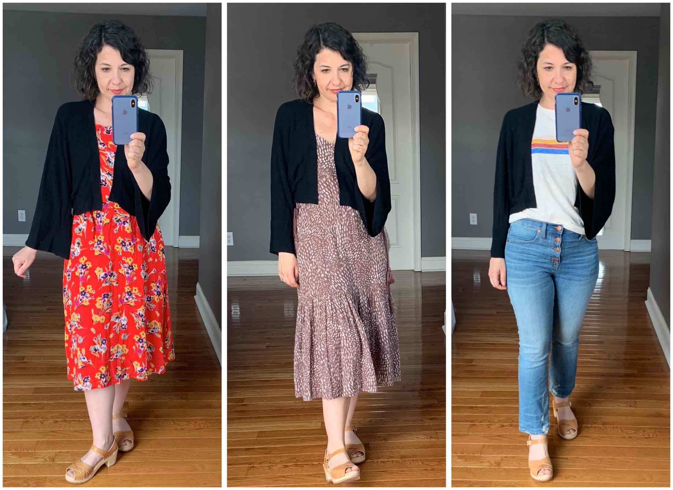 woman layering summer outfit with cardigan