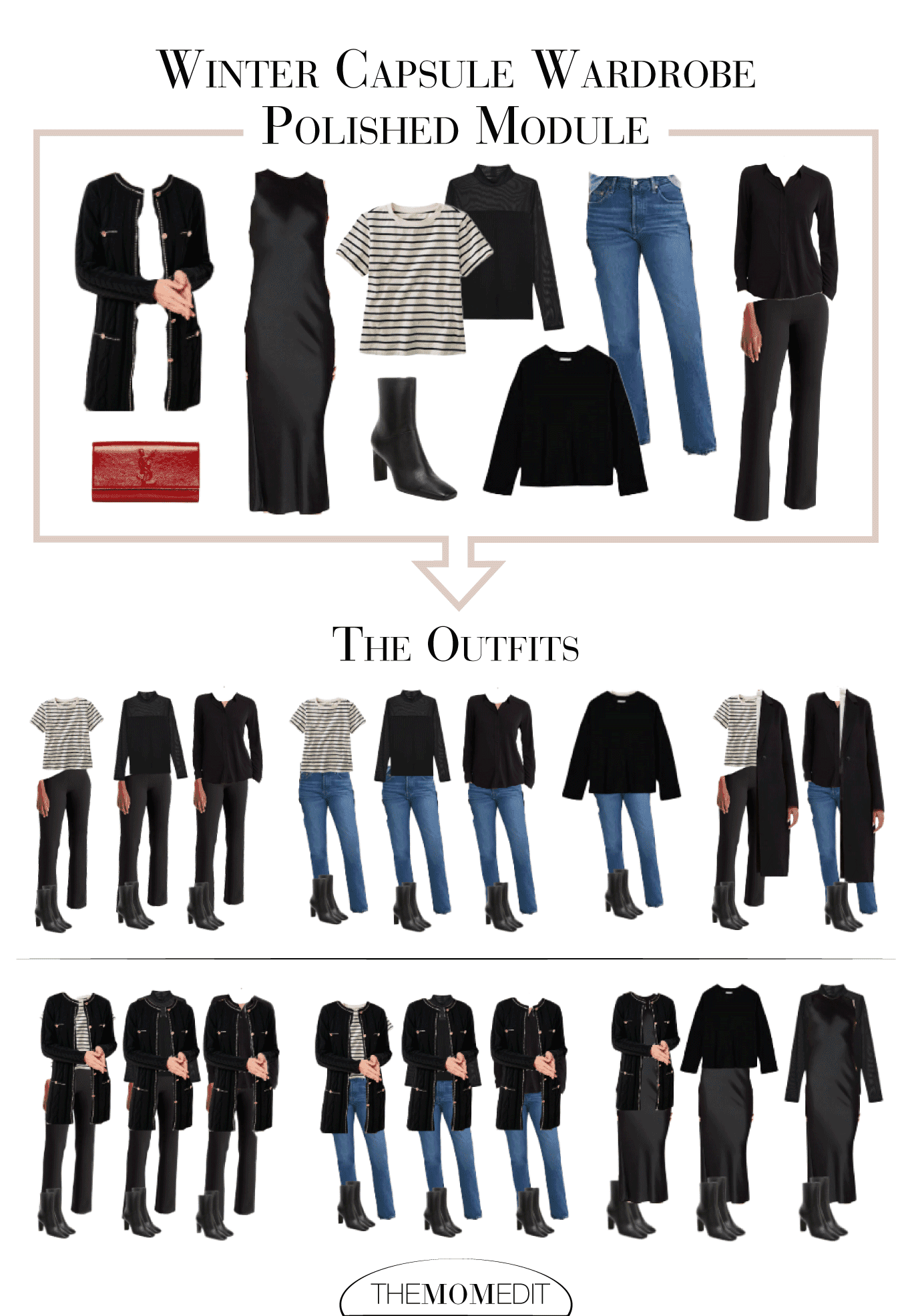 examples of outfits created from a capsule wardrobe